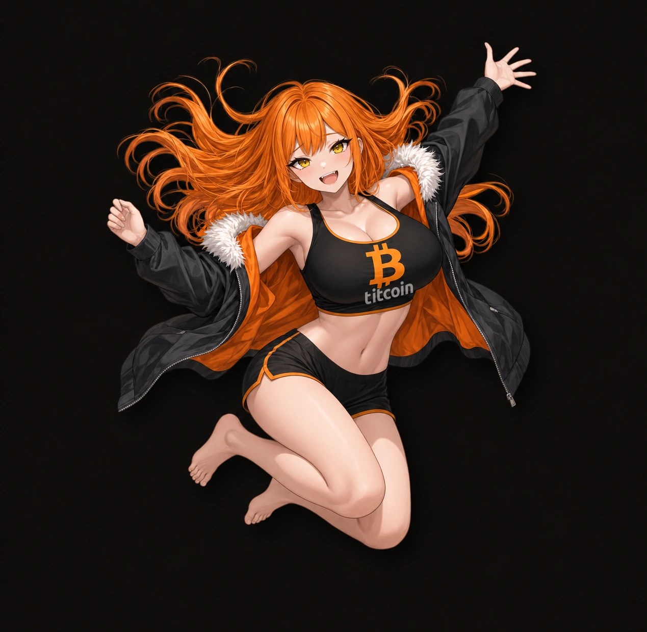 The tit coin character in mid-jump, with flowing orange hair and her black outfit
